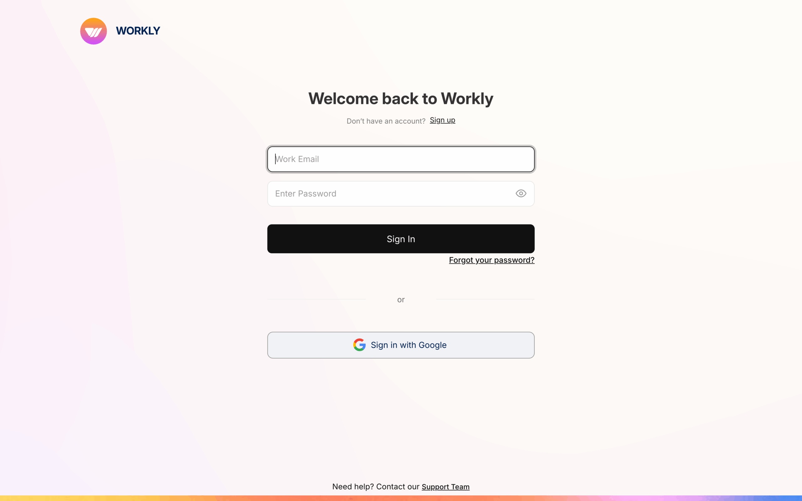 Workly login page with Google sign-in option