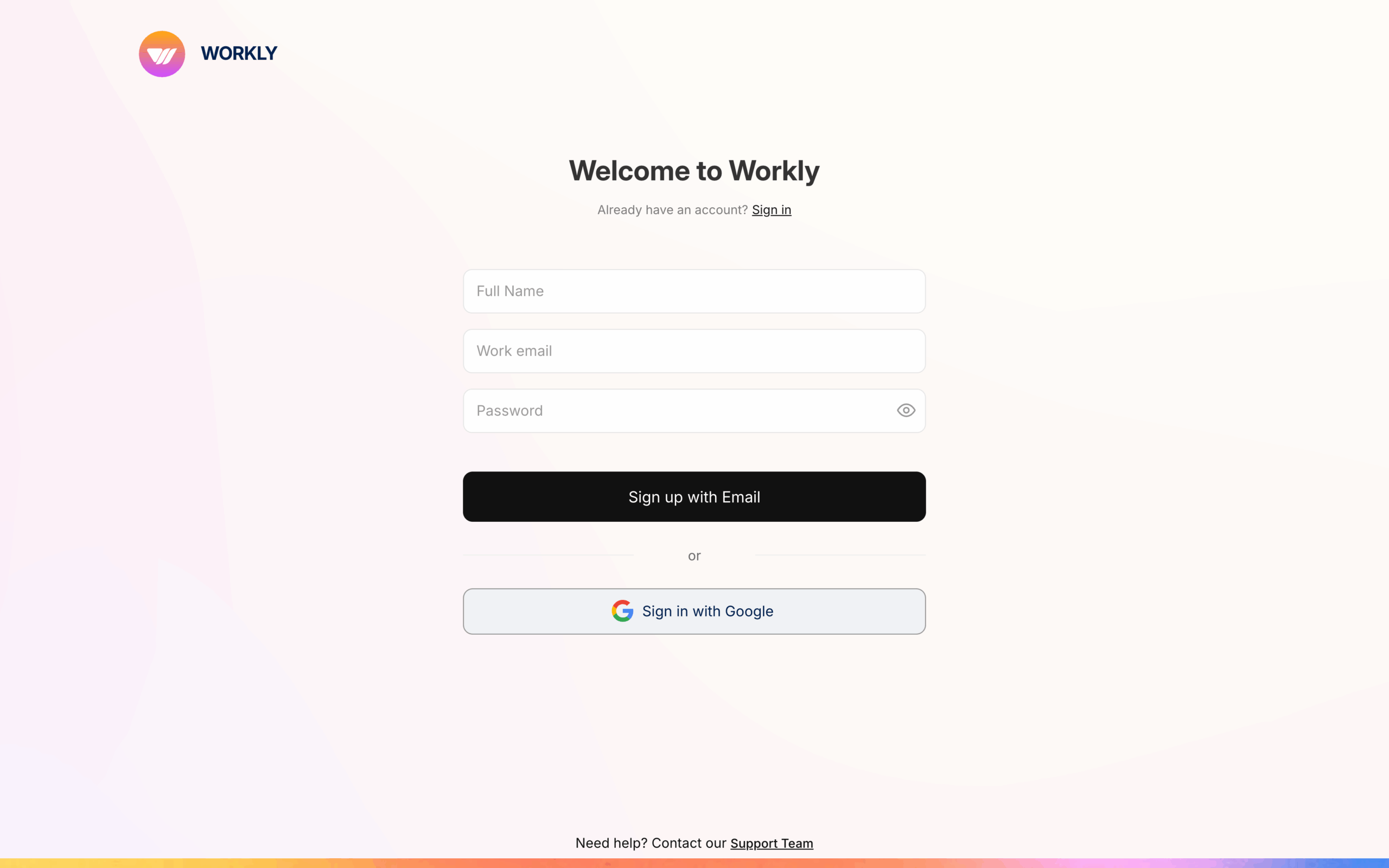 Workly sign-up page