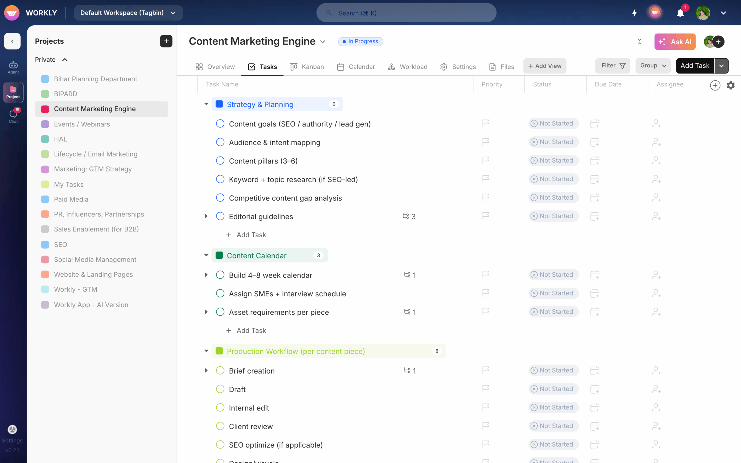 Workly board view with Kanban columns